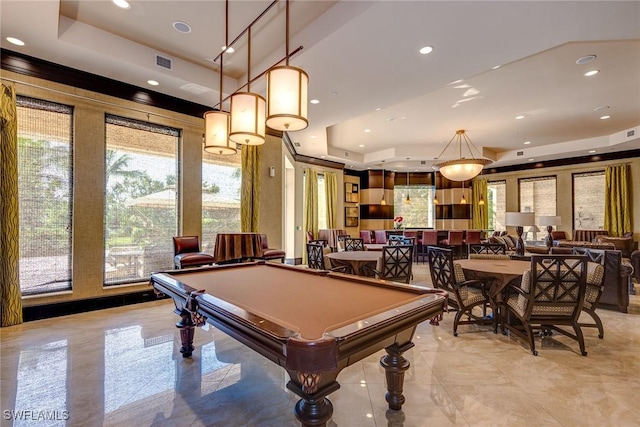 recreation room with pool table, a tray ceiling, visible vents, and recessed lighting