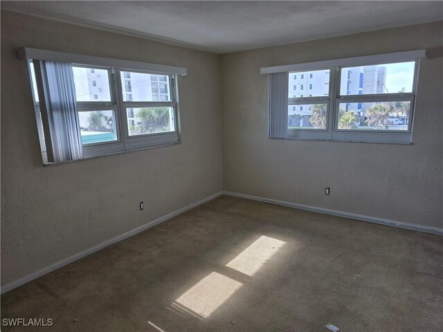 spare room featuring a textured wall, carpet floors, and baseboards