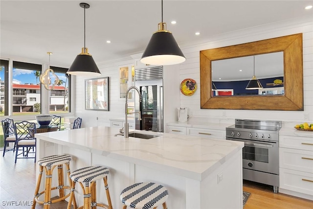 kitchen with a sink, white cabinets, light stone countertops, light wood finished floors, and high end appliances