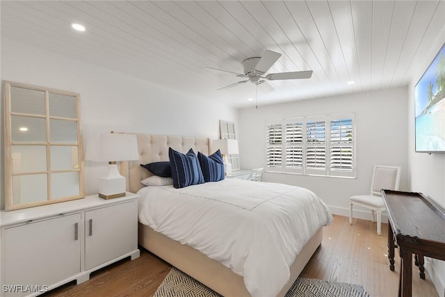 bedroom featuring ceiling fan, wood finished floors, wood ceiling, and recessed lighting