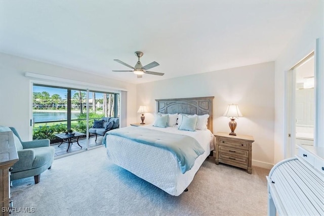 bedroom with light carpet, access to outside, baseboards, and a ceiling fan