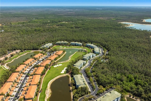 birds eye view of property featuring a forest view and a water view