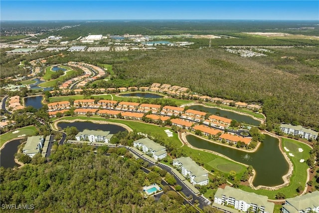 bird's eye view with view of golf course and a water view