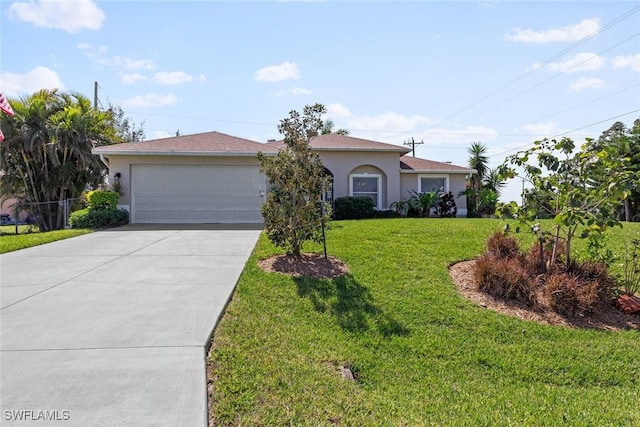 view of front of house featuring concrete driveway, an attached garage, a front lawn, and stucco siding