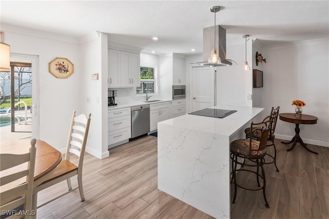 kitchen featuring light wood-style flooring, a sink, stainless steel appliances, a kitchen breakfast bar, and island range hood