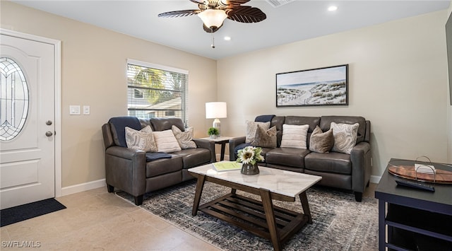 living room featuring visible vents, baseboards, a ceiling fan, and recessed lighting