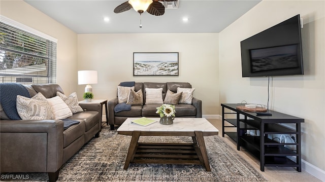 living area featuring ceiling fan, visible vents, baseboards, and recessed lighting