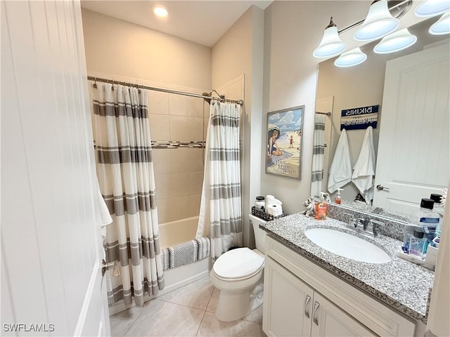 bathroom with vanity, tile patterned flooring, toilet, and shower / tub combo with curtain