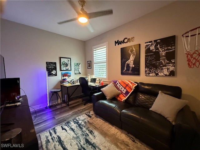 office area featuring ceiling fan and wood finished floors