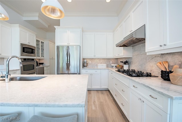 kitchen with under cabinet range hood, ornamental molding, stainless steel appliances, and a sink