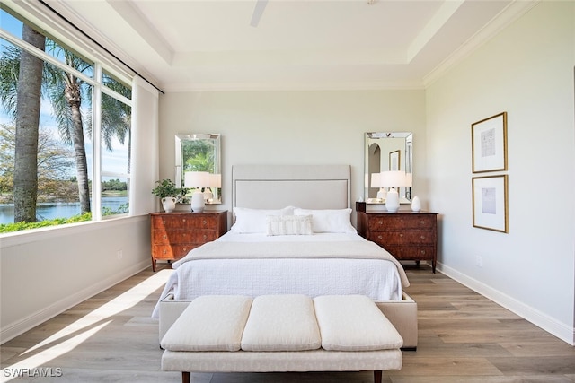 bedroom with light wood finished floors, baseboards, and a tray ceiling