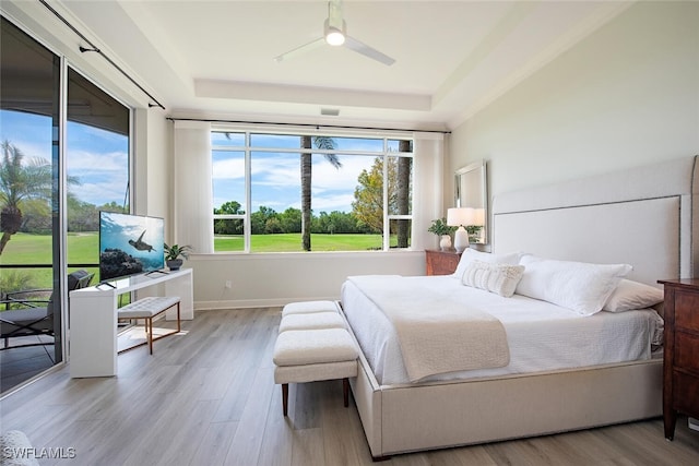 bedroom featuring wood finished floors, baseboards, a ceiling fan, a tray ceiling, and access to exterior