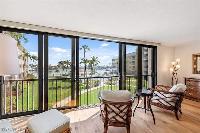 sunroom with a water view