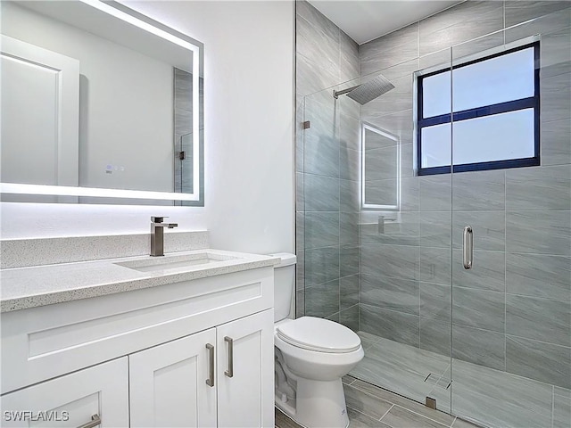 bathroom featuring toilet, a stall shower, and vanity