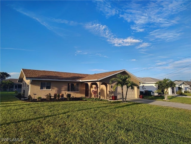 ranch-style house featuring a garage, stucco siding, concrete driveway, and a front yard