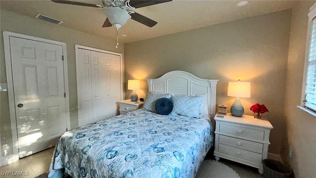 bedroom with a closet, visible vents, and a ceiling fan