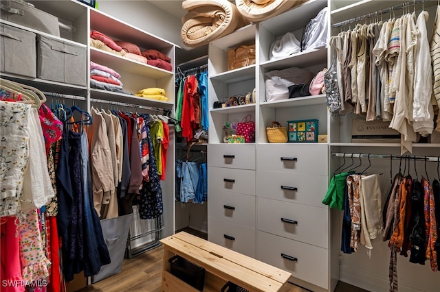 walk in closet with wood finished floors