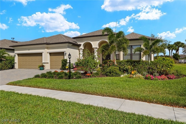 view of front of property with roof with shingles, an attached garage, decorative driveway, a front lawn, and stucco siding