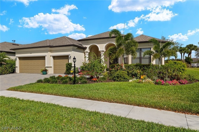 view of front of house with a front yard, decorative driveway, stucco siding, and an attached garage
