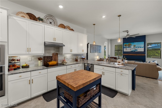 kitchen featuring open floor plan, stainless steel appliances, under cabinet range hood, a sink, and a peninsula