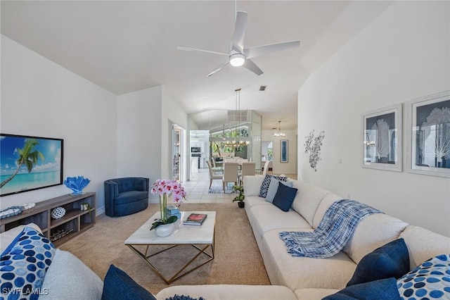 27145 Lost Lake Ln, Bonita Springs, FL 34134 - living room with lofted ceiling, ceiling fan with notable chandelier, visible vents, and carpet floors
