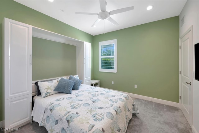 carpeted bedroom with baseboards, a ceiling fan, and recessed lighting