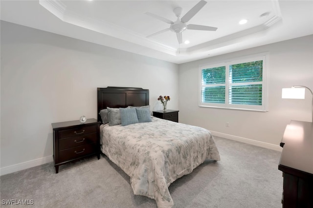 bedroom featuring baseboards, a raised ceiling, and light carpet