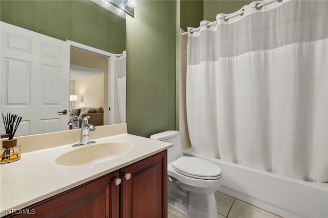 full bathroom featuring tile patterned floors, shower / bathtub combination with curtain, toilet, and vanity