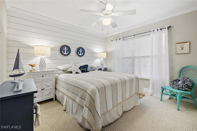 bedroom with light carpet, ornamental molding, and a ceiling fan