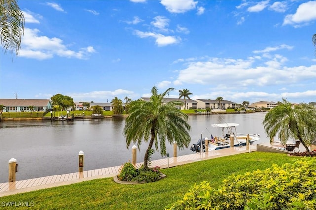 water view featuring a dock, a residential view, and boat lift