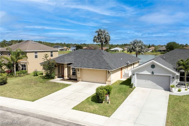 view of front of property with an attached garage, stucco siding, driveway, and a front yard