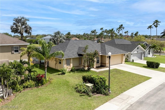 view of front of property with a front yard, concrete driveway, an attached garage, and stucco siding