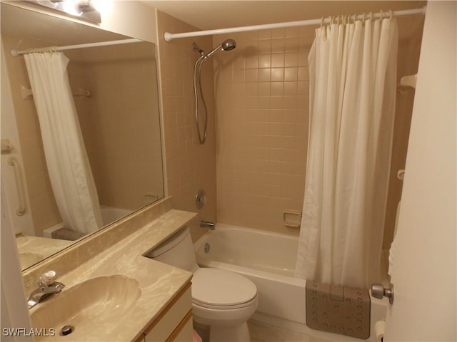 bathroom featuring vanity, toilet, and shower / bathtub combination with curtain