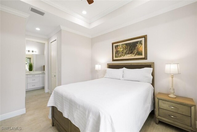 bedroom featuring recessed lighting, ensuite bath, visible vents, and crown molding