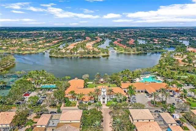 drone / aerial view with a water view