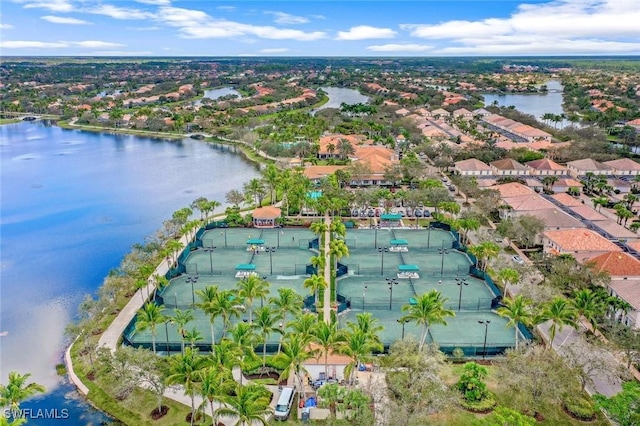 aerial view featuring a water view and a residential view