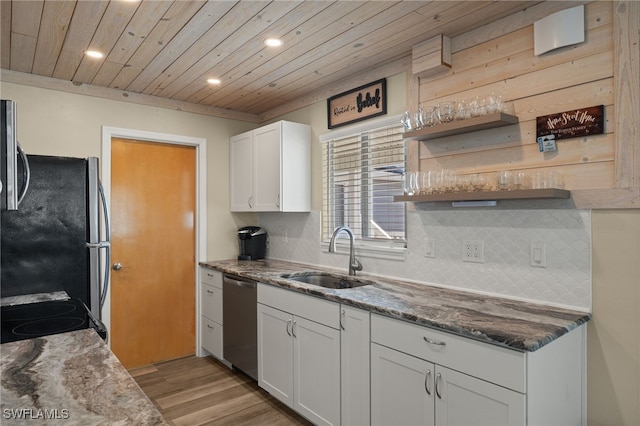 kitchen featuring decorative backsplash, wood ceiling, stainless steel appliances, white cabinetry, and a sink