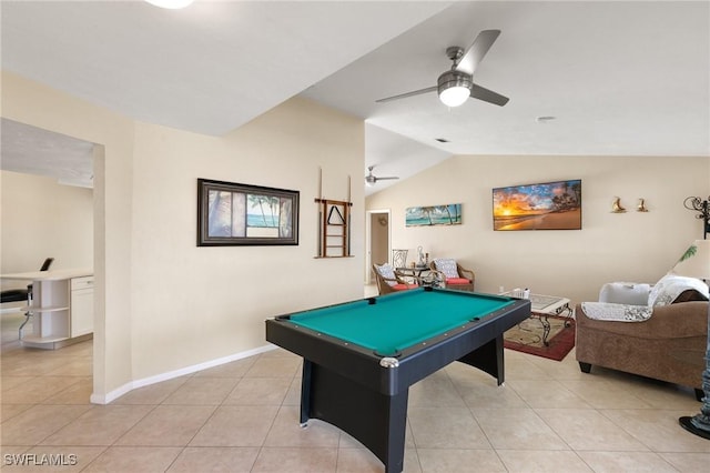 game room with light tile patterned floors, lofted ceiling, a ceiling fan, billiards, and baseboards