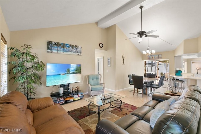 tiled living area featuring high vaulted ceiling, beam ceiling, baseboards, and ceiling fan with notable chandelier