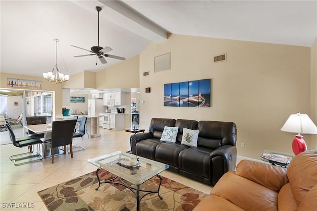 living room with light tile patterned floors, visible vents, beamed ceiling, high vaulted ceiling, and ceiling fan with notable chandelier