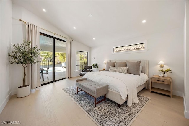 bedroom with access to exterior, vaulted ceiling, light wood-style floors, and recessed lighting