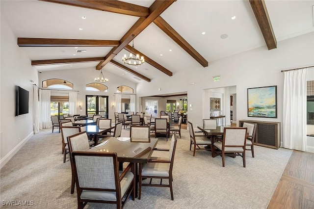 dining room featuring high vaulted ceiling, a notable chandelier, baseboards, light wood-style floors, and beamed ceiling