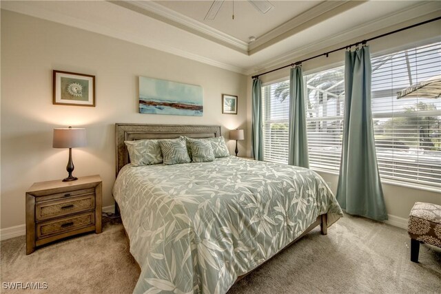 bedroom with baseboards, a raised ceiling, crown molding, and light colored carpet