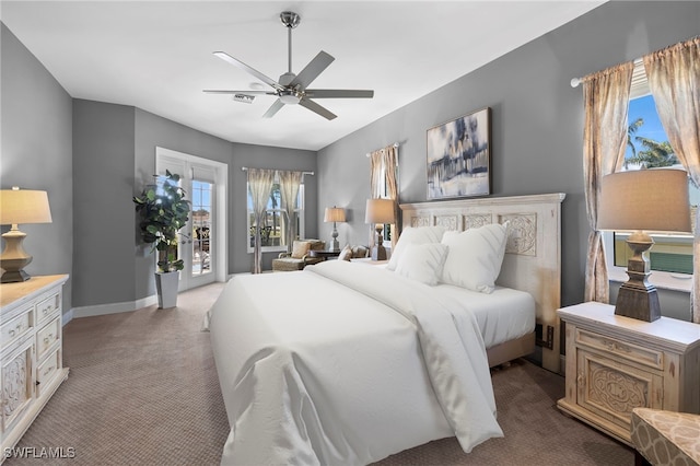 bedroom with access to outside, carpet, a ceiling fan, and baseboards