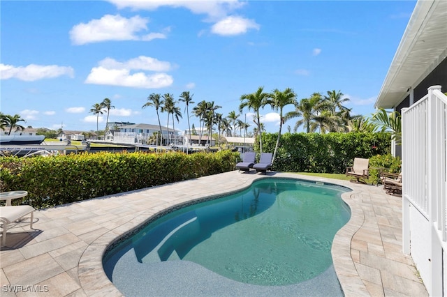 view of swimming pool with a fenced in pool and a patio area