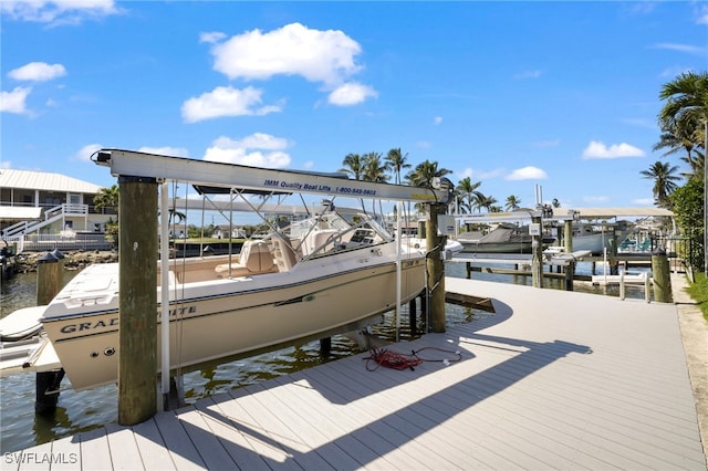 dock area featuring a water view and boat lift