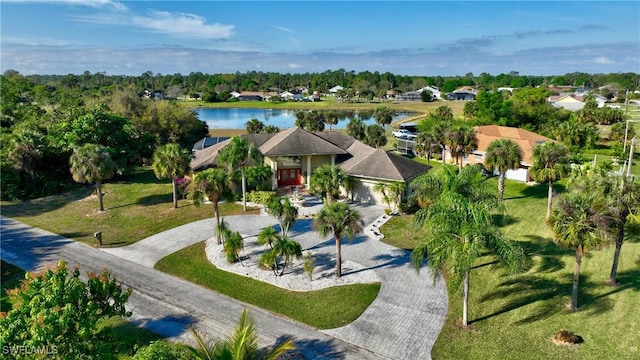 aerial view featuring a water view