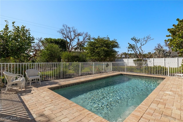 view of swimming pool featuring a fenced in pool, a fenced backyard, and a patio