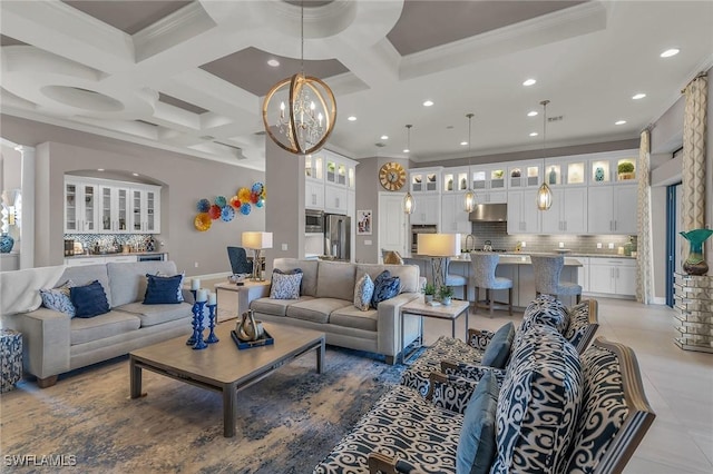 living room with light tile patterned flooring, recessed lighting, coffered ceiling, beam ceiling, and crown molding