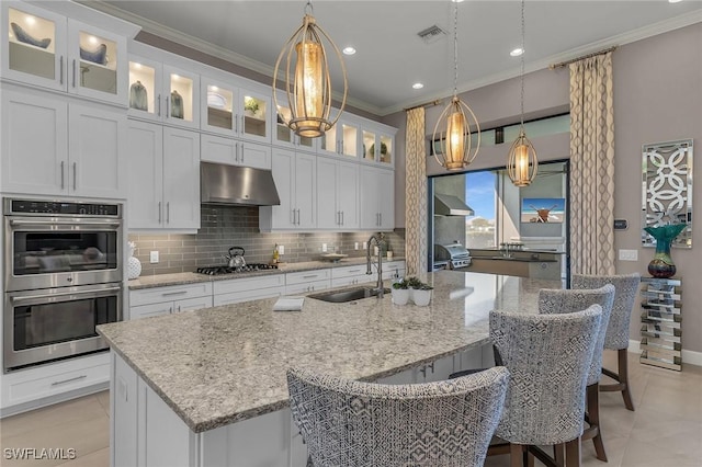 kitchen with under cabinet range hood, a sink, visible vents, ornamental molding, and appliances with stainless steel finishes